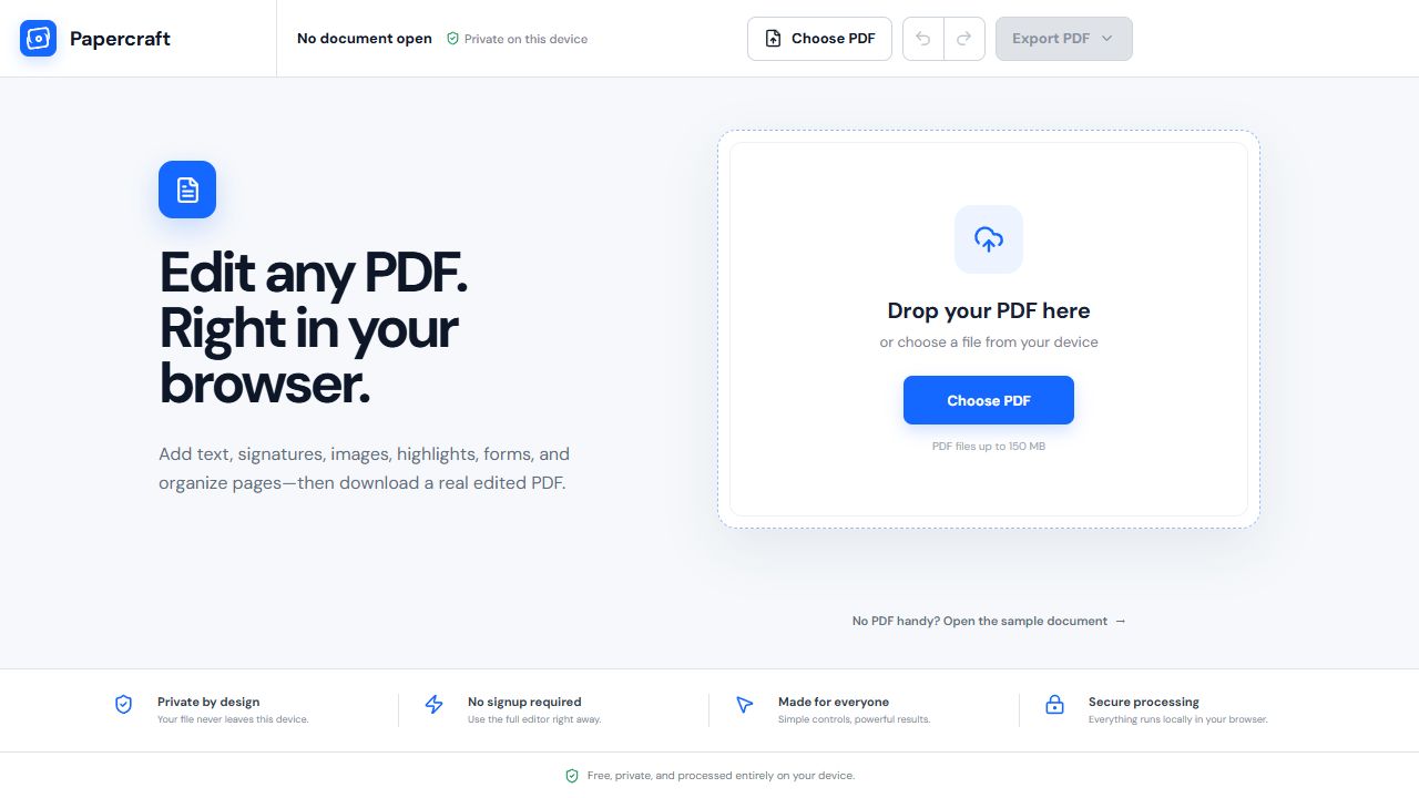 Papercraft private PDF editor welcome screen