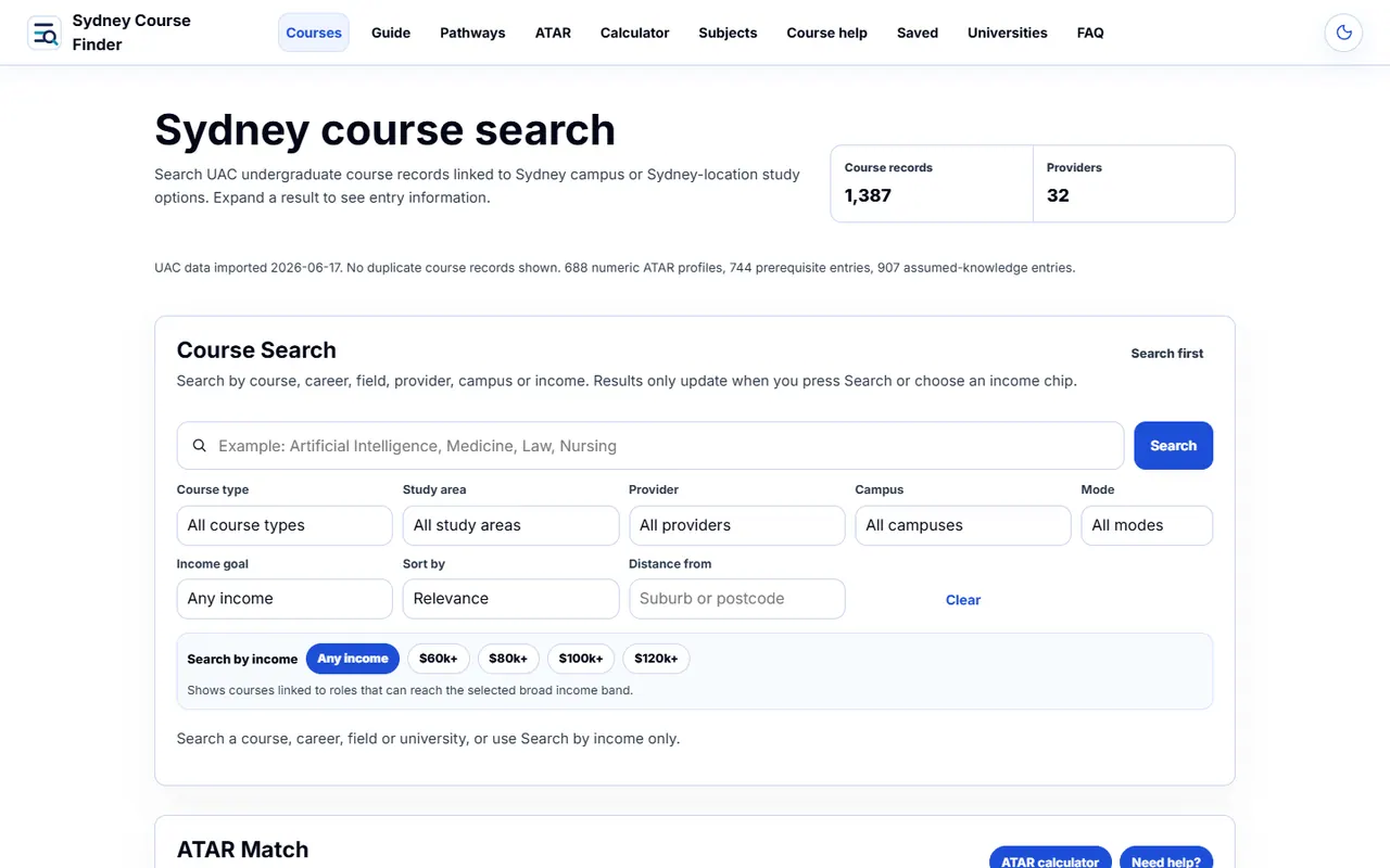 Screenshot of the Sydney Course Finder app
